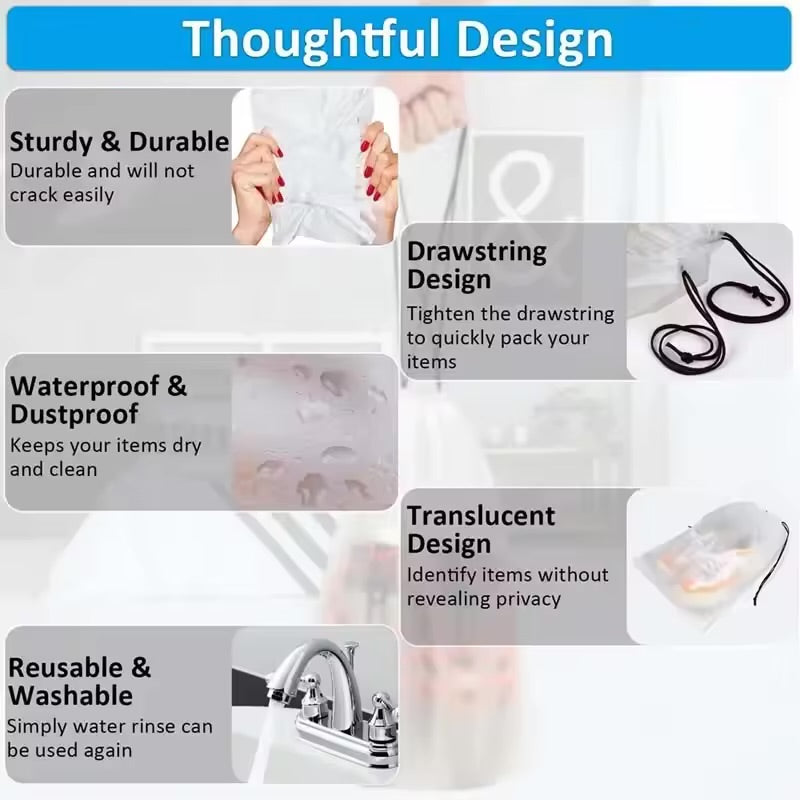 Portable Drawstring Eco Storage Bag. Shoe, Makeup, Clothing or accessories Storage Bag . Waterproof, Transparent, Plastic Storage Bag